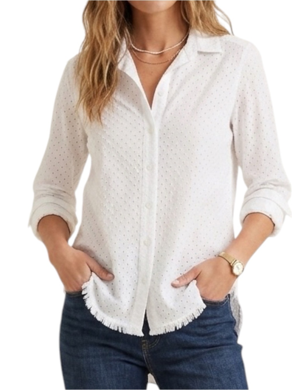 Bella Dahl Eyelet Button-Front Shirt White Size XS Frayed Hem